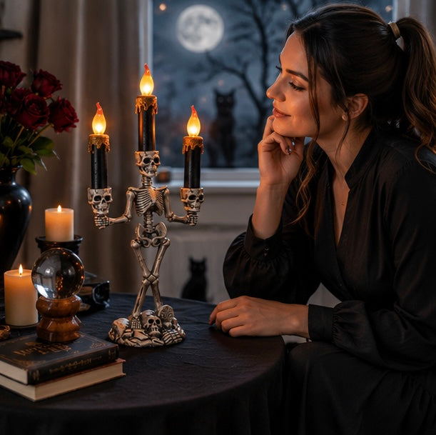 Halloween Skull Candlestick Holder – LED Flameless Candle Stand Horror Prop for Spooky Haunted House Party and Gothic Room Décor
