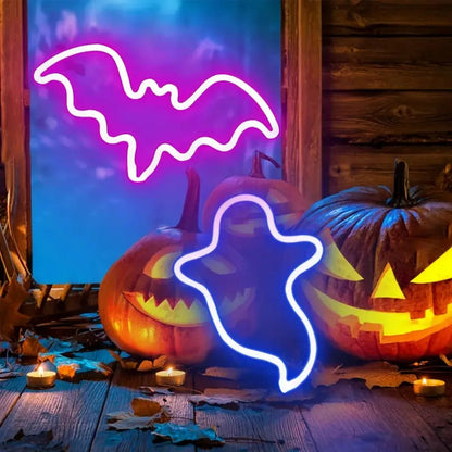 Halloween Bat Ghost Neon Table Lamp – LED Bat And Ghost Shaped Neon Light For Indoor Outdoor Party, Bedroom, Festival Decoration