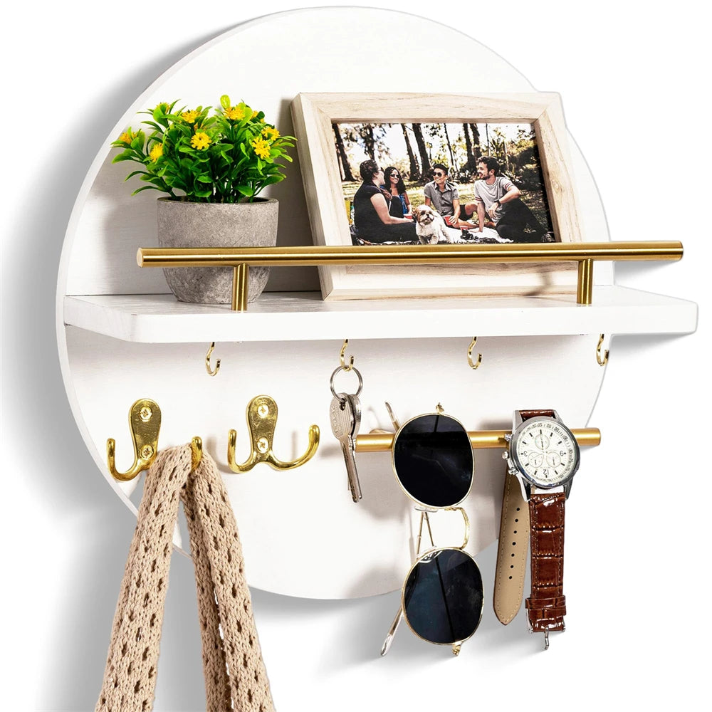 Wall Mounted Wooden Key Holder with Shelf - Mail Organizer and Entryway Storage Rack for Keys, Letters and Home Decor