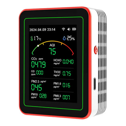 WiFi Air Quality Monitor – 15-in-1 Portable Rechargeable Smart AQI Detector with CO2, PM2.5, TVOC & Mobile App Control