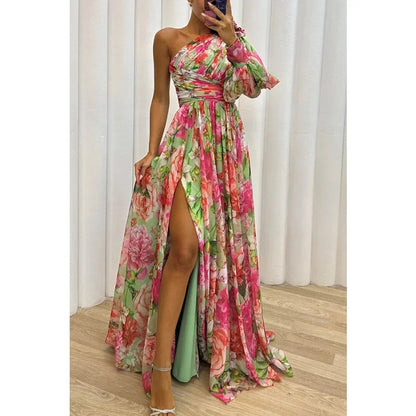Off Shoulder Slit Dress Women - Long Sleeve Waist Tie Holiday Party Dress, Elegant Printed Fashion Outfit for Evening and Casual Wear