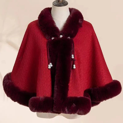Women’s Faux Fur Cape Shawl – Chinese Style Qipao Poncho Coat with Thick Plush Design, Elegant Autumn Winter Outerwear for Sophisticated Cold Weather Fashion