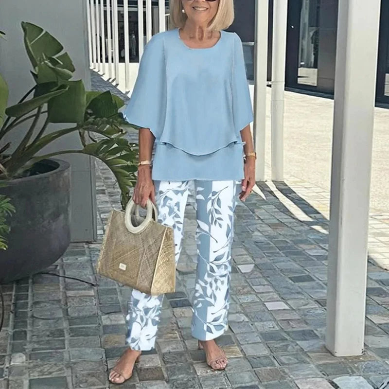 Elegant Women’s Ruffle Printed Suit Set – Flare Sleeve Blouse and Printed Pants Combo with Feminine Details for Chic Spring Style and Daytime Sophistication