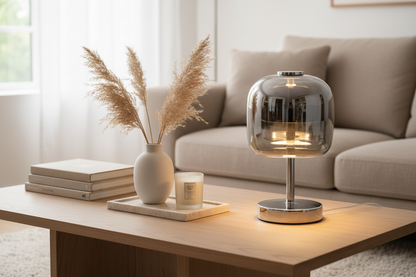 Nordic Smoke Gray Glass Table Lamp – High Transparency Decorative Bedside Lamp for Living Room and Club Decor