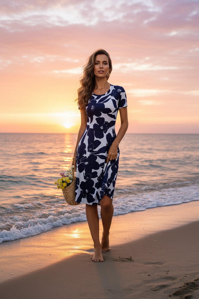 Floral Summer Dress Women - High Waist Short Sleeve Knee Length Dress, Casual Elegant Outfit for Daily and Party Wear