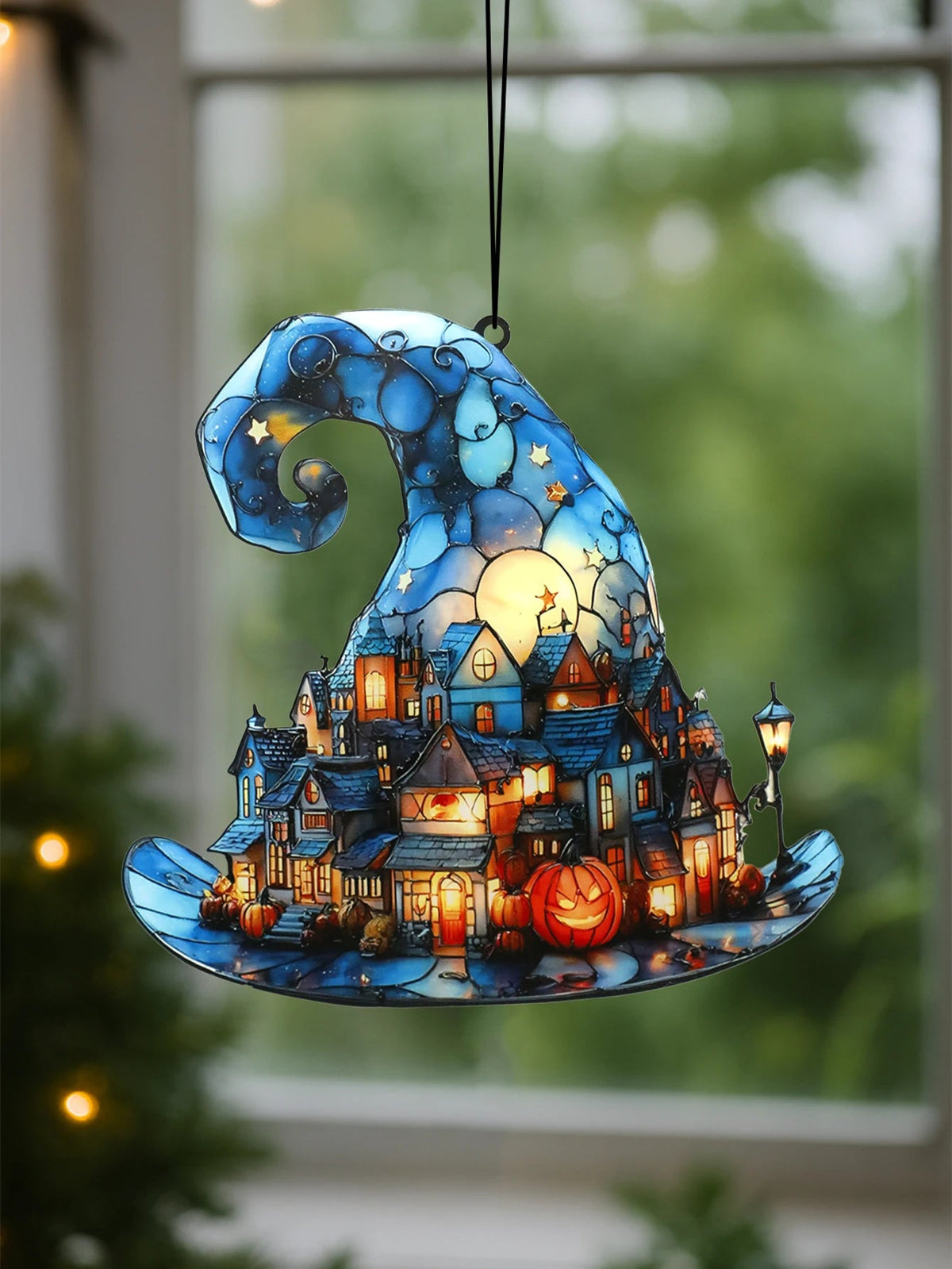 Halloween Witch Hat Hanging Decoration – Acrylic Pumpkin Town Window Pendant Ornament for Bedroom, Living Room, Home, and Party Décor