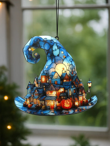 Halloween Witch Hat Hanging Decoration – Acrylic Pumpkin Town Window Pendant Ornament for Bedroom, Living Room, Home, and Party Décor