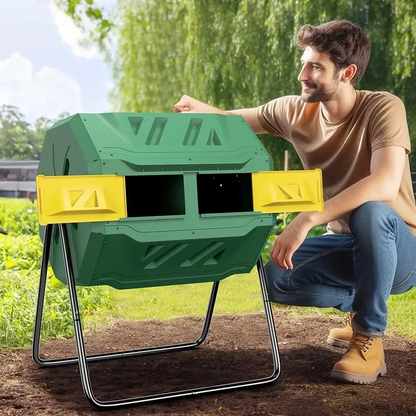 Dual Chamber Compost Tumbler Bin – 43-Gallon Efficient Rotating Waste Mixer with Gloves, Ideal for Eco-Friendly Gardening and Kitchen Recycling