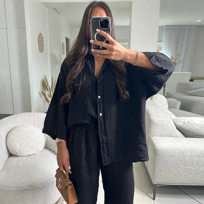 Solid Shirt & Wide-Leg Pants Set – Summer Vintage Streetwear for Women, Button-Down Blouse & Elegant Trousers