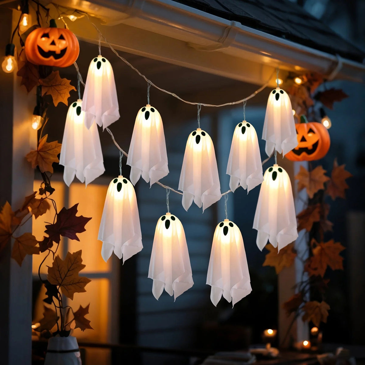 Halloween Screaming Ghost String Lights – Glowing LED Hanging Ornaments for Haunted House Atmosphere, Spooky Party, and Outdoor Festival Décor