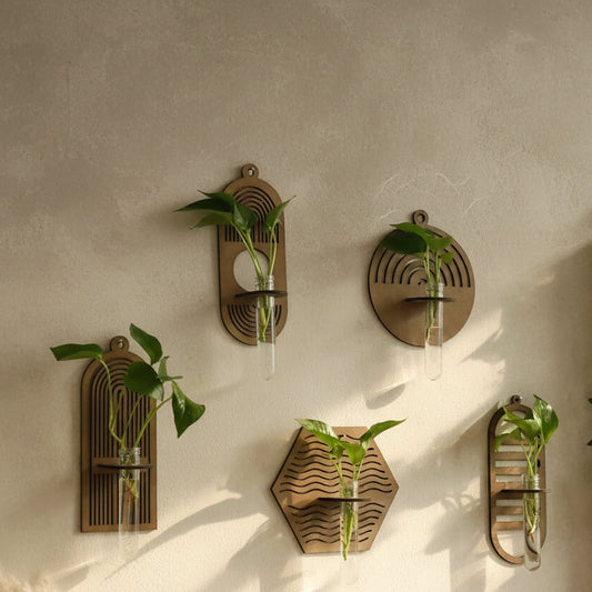 Wood Wall Vase Planter - Boho Style Hanging Flower Vase Tube for Indoor Plant Decor, Rustic Home Wall Decoration