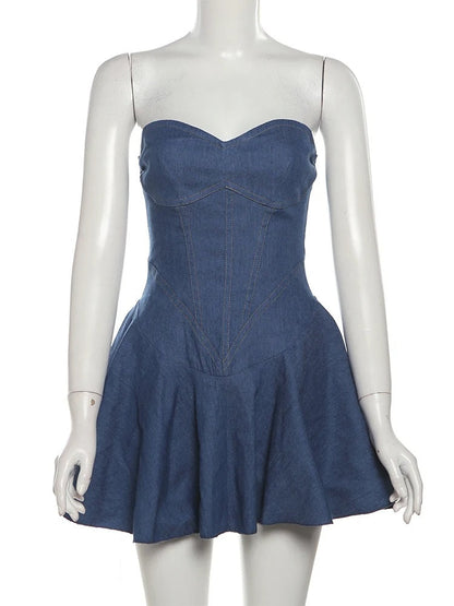 Nibber Pleated Denim Mini Dress – Sleeveless Chest Wrap Street Dress for Effortless Summer Cool Girl Aesthetic