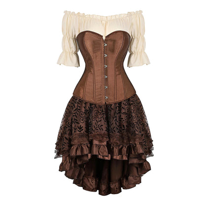Women’s Pirate Corset Dress – Plus Size Brown Faux Leather Steampunk Costume with Off-Shoulder Blouse for Halloween Party Cosplay