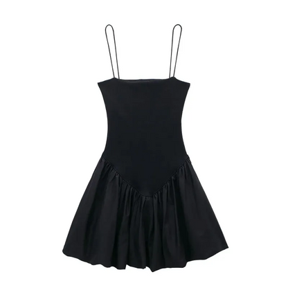 Poplin Balloon Mini Dress – Elastic Strap Sleeveless Chic Camisole Dress with High Waist Fit for Stylish Summer Days