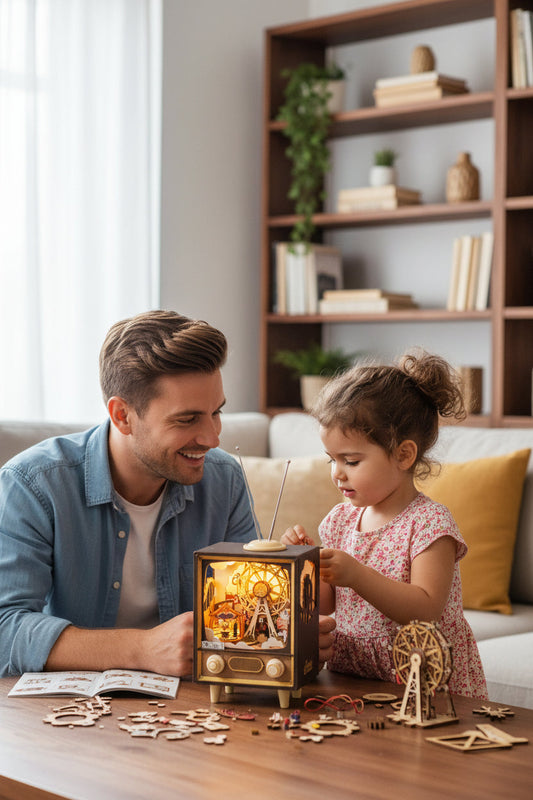Wooden Music Box Puzzle -3D Sunset Carnival Model Kit with Lights, Creative DIY Gift for Kids and Home Decoration