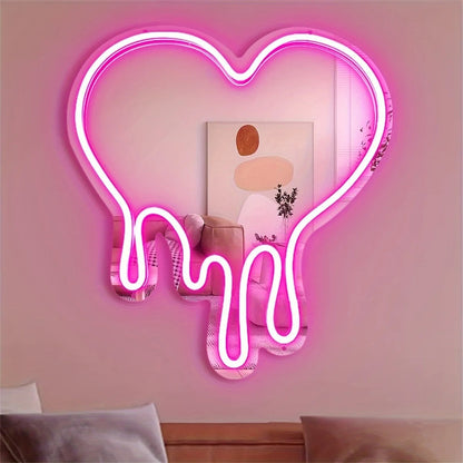 LED Melting Heart Neon Sign – Pink Mirror Wall Light for Romantic & Aesthetic Decor