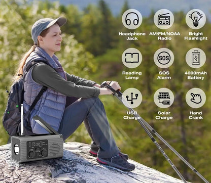 Portable Camping Solar Radio – Multi-Function Hand Crank Emergency Radio with Flashlight, NOAA Alerts, AM/FM, and 3-Way Charging for Survival