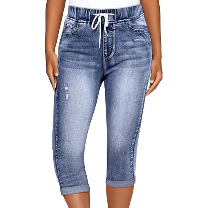 Women's Vintage High Waist Denim Capris - Slim Fit Summer Pants with Drawstring Waistband for Streetwear & Everyday Comfort