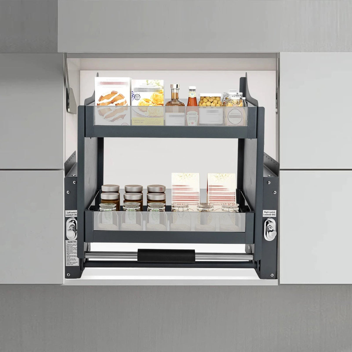 Pull-Down Cabinet Shelf – 2-Tier Lift-Down Basket for 24 in Upper Cabinets