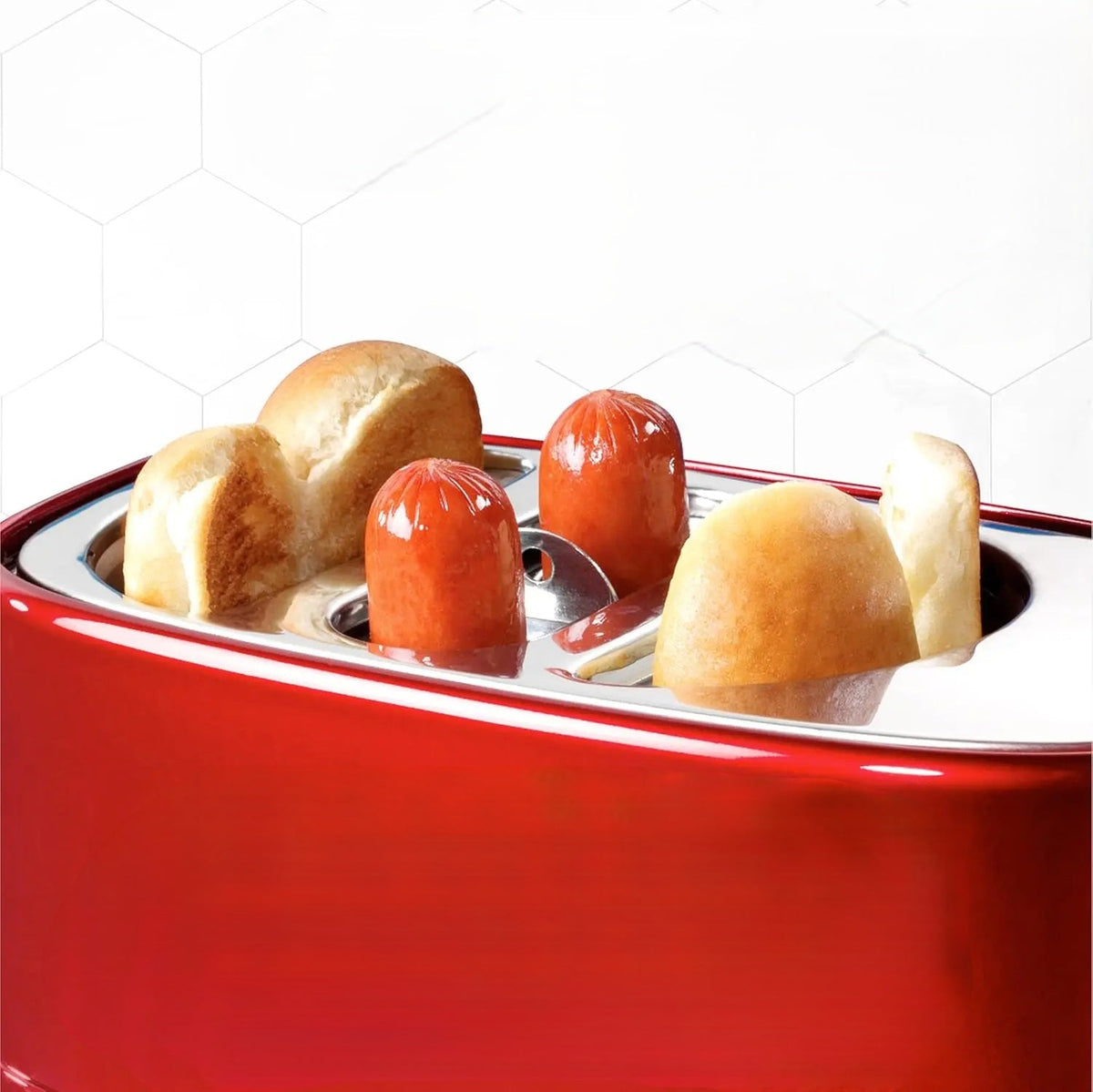 Hot Dog & Bun Toaster with Mini Tongs – 2‑Slot Retro Stainless Steel Cooker for Sausages, Chicken, Veggie Links and Breakfast Fun