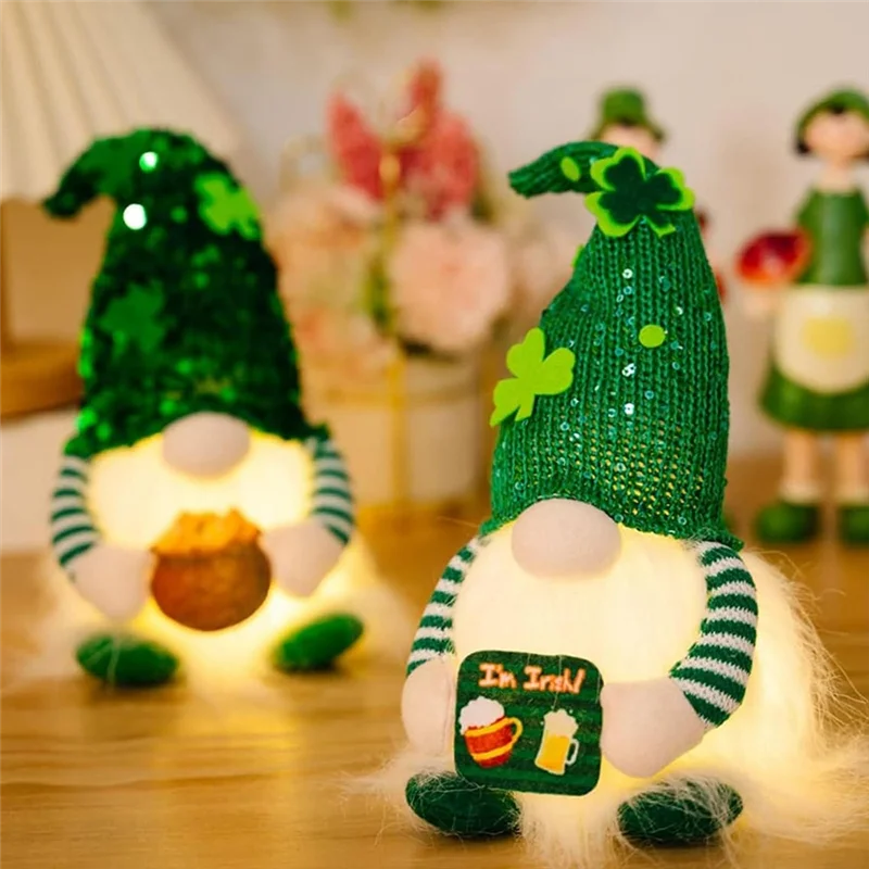 Glowing Gnome Elf Shamrock Figurines – Radiant St. Patrick's Day Home Accents for Festive Living Room Decor, Single or Double Pack