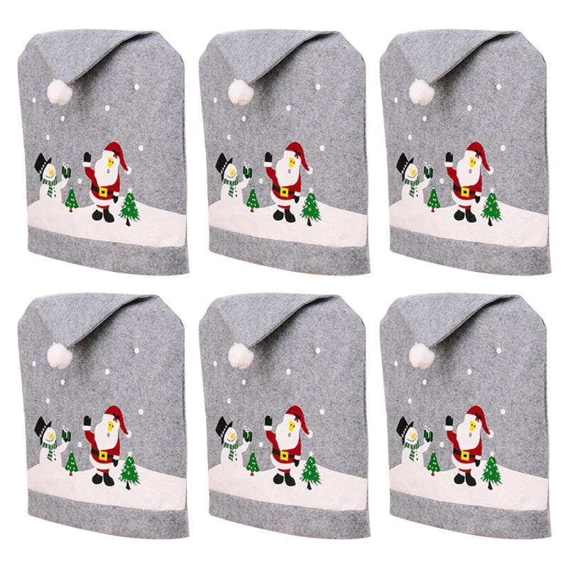 Santa Hat Chair Covers – Festive Gray Dining Chair Slipcovers for Cozy Christmas Home & Holiday Party Decoration