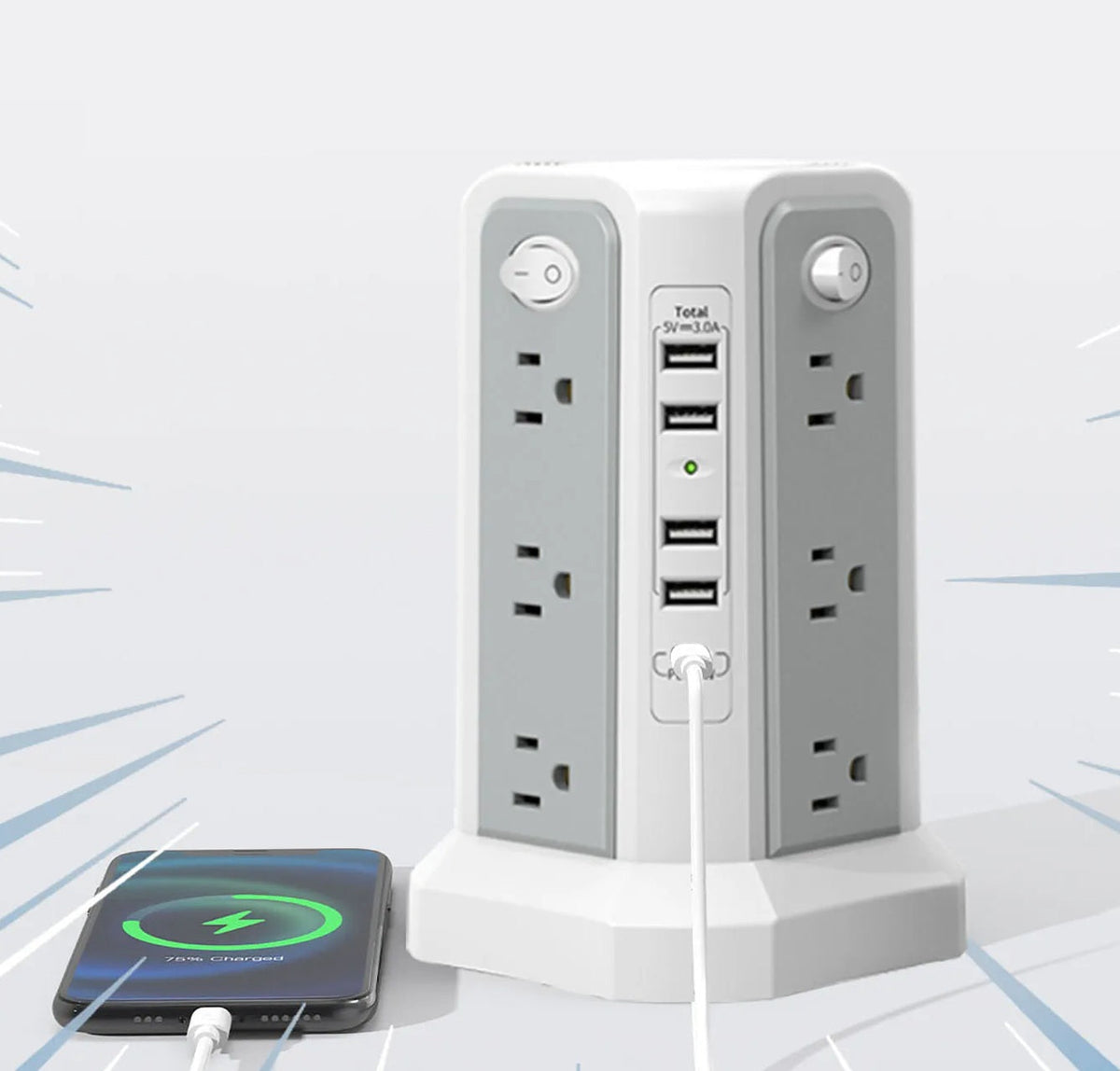 Upgraded Surge Protector Tower – 12 AC Outlets & 5 USB Ports with 10.2ft Cord, Must-Have Charging Station for Home, Office, Travel