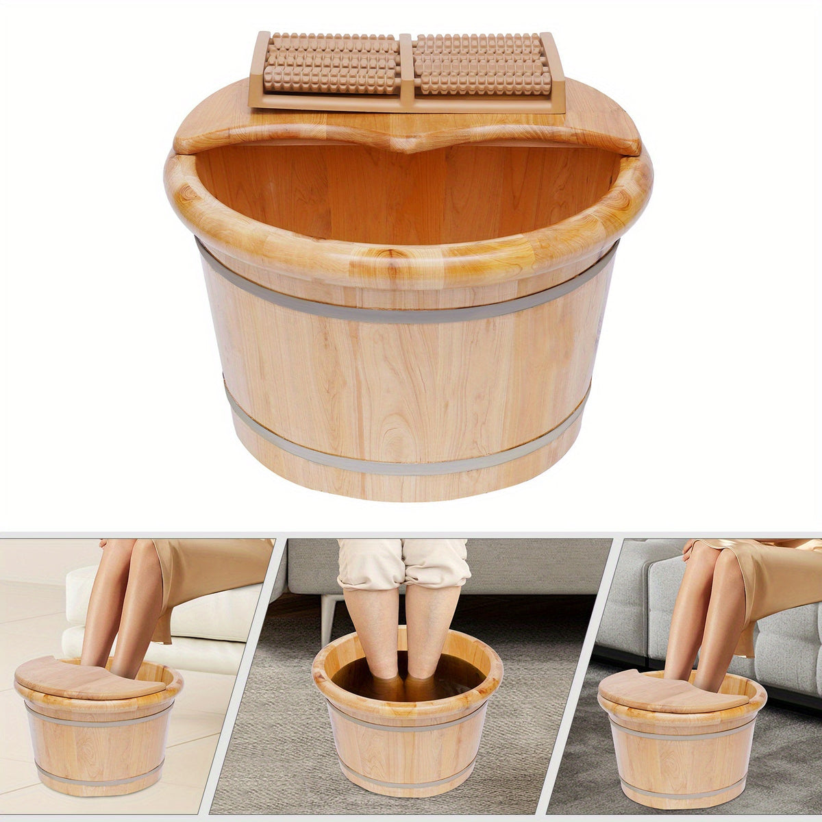 Premium Cedar Wood Foot Bath Bucket – Built-In Massage Roller & Heat Preservation for Ultimate Foot Soak Relaxation & Tension Relief