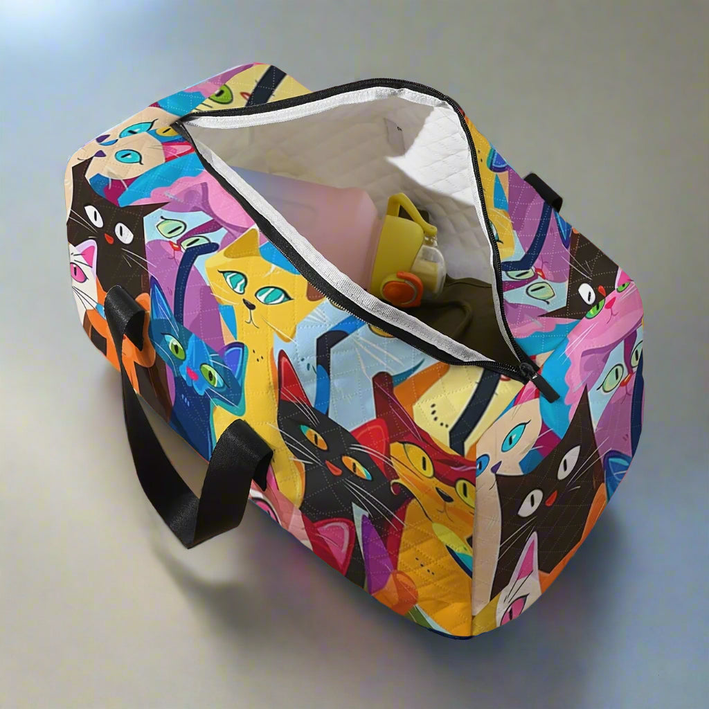 Cartoon Cat Travel Duffel Bag – Large Capacity Quilted Gym, Yoga, and Training Bag with Shoe Compartment and Stylish Print