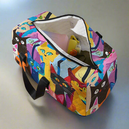Cartoon Cat Travel Duffel Bag – Large Capacity Quilted Gym, Yoga, and Training Bag with Shoe Compartment and Stylish Print