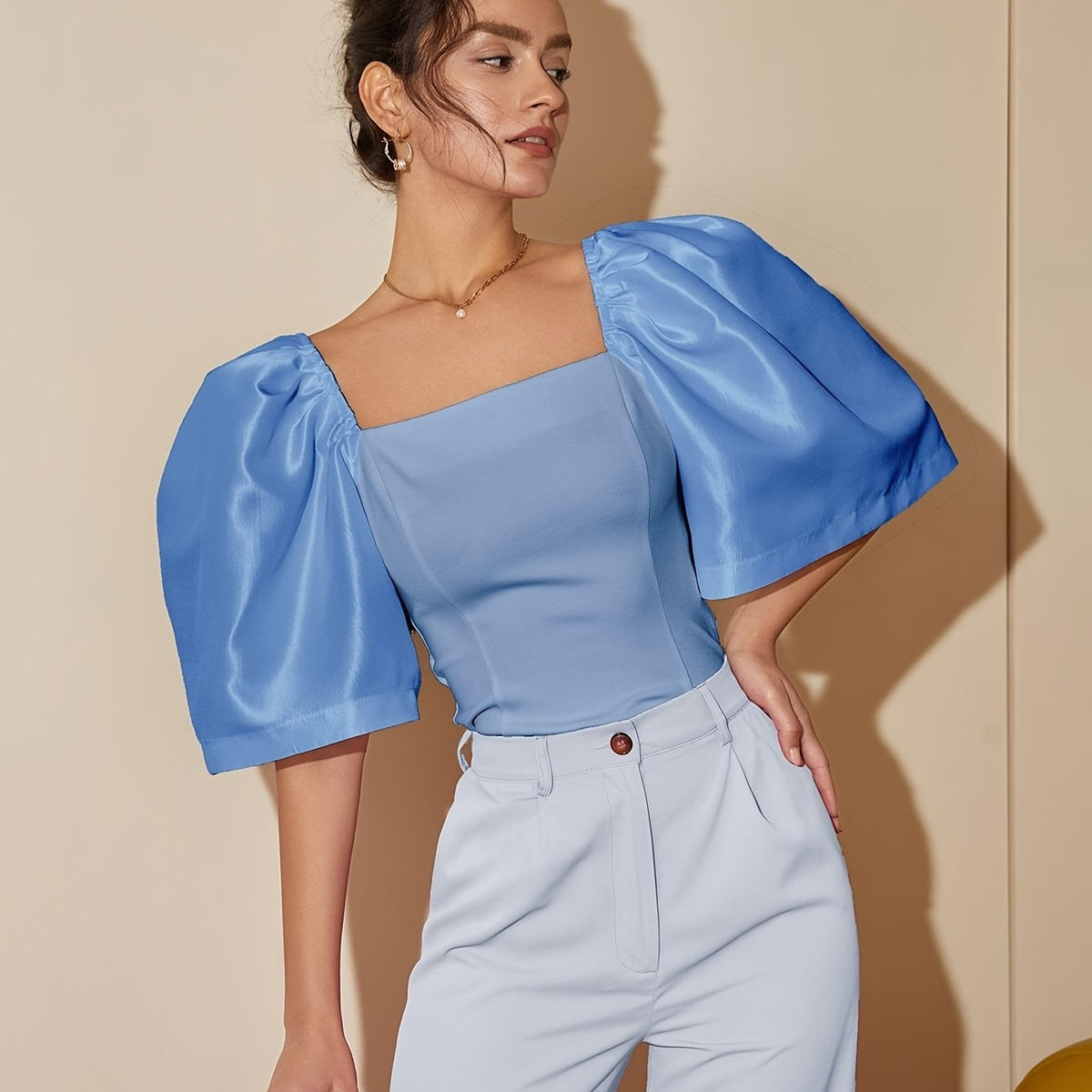 Chic Square Neck Lantern Sleeve Blouse – Woven Polyester Women’s Fashion Top for Spring/Summer Street Style with a Flattering Skinny Fit