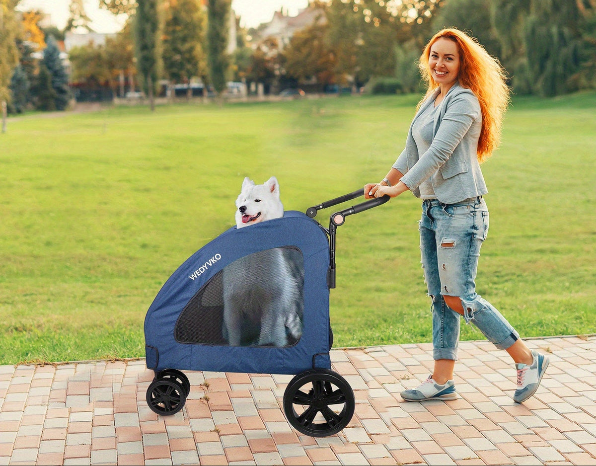 Spacious Heavy-Duty Pet Stroller – 120lb Capacity Dog & Cat Travel Stroller with 360° Wheels, Mesh Panels & One-Step Folding Design for Outdoor Adventures
