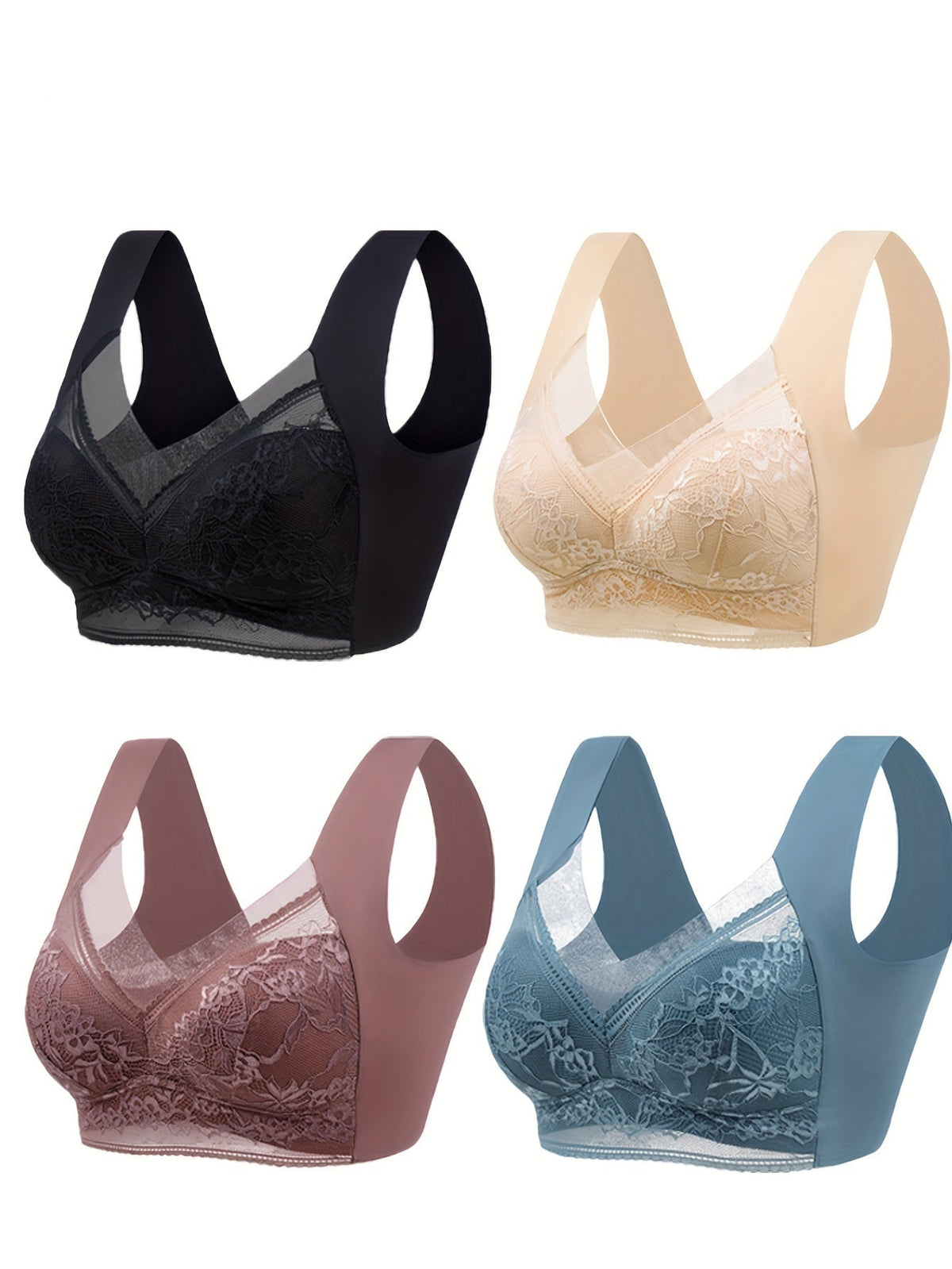 Women's Lace Contrast Underwear Set –4-Piece Wireless, Steel-Free Daily Bra & Panties in Flirty Mixed Colors