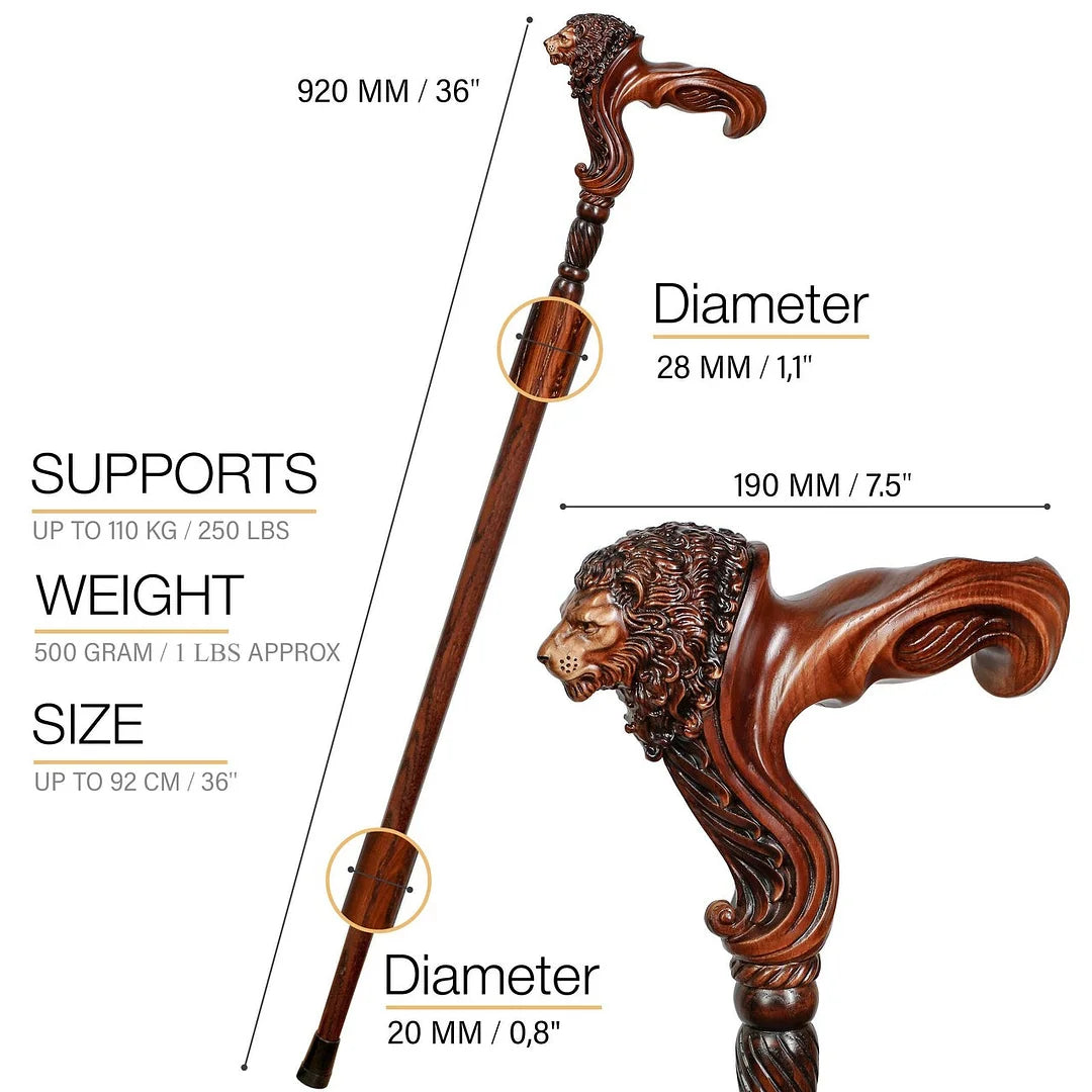 Wooden Walking Stick Cane Lion Head - Palm Grip Ergonomic Handle