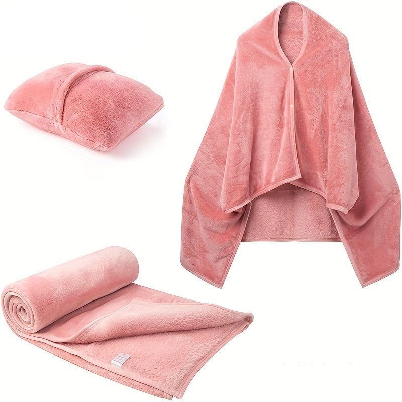 Wearable Flannel Shawl Blanket Pillow – 2-in-1 Travel Blanket with Sleeves & Button Closure for Office, Home & Flights