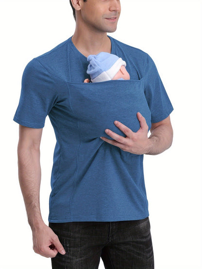 Men’s V-Neck Short Sleeve T-Shirt with Stylish Kangaroo Pocket – Breathable Polyester Blend Ideal for Everyday Casual Streetwear