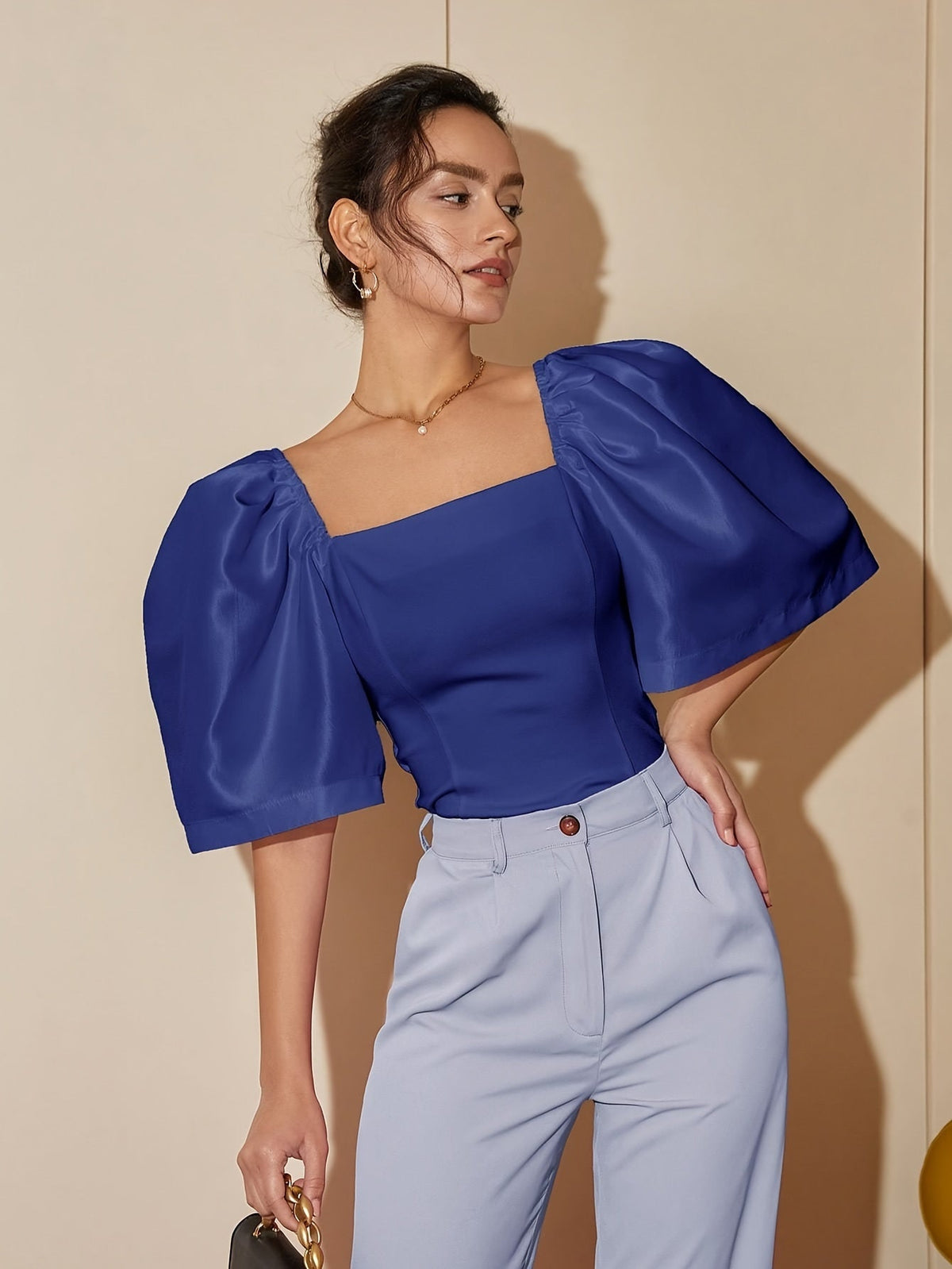 Chic Square Neck Lantern Sleeve Blouse – Woven Polyester Women’s Fashion Top for Spring/Summer Street Style with a Flattering Skinny Fit