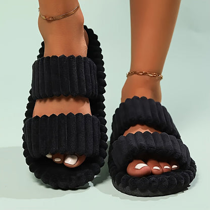 Women's Elegant Plush Slippers - Warm Lining, Open-Toe Style, Non-Slip Sole for Indoor Cozy Comfort & Style