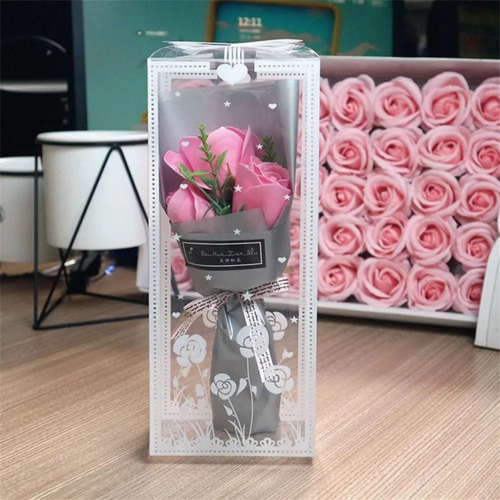 Rose Bouquet with 3 Heads- Hand Holding Soap Flower for Valentine's Day, Gift and Wedding Decoration