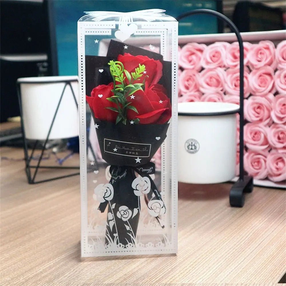 Rose Bouquet with 3 Heads- Hand Holding Soap Flower for Valentine's Day, Gift and Wedding Decoration