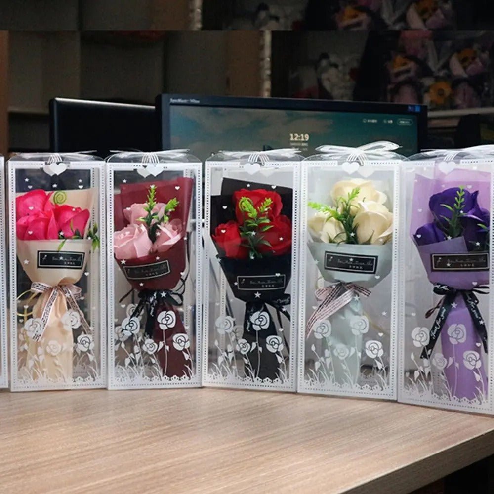 Rose Bouquet with 3 Heads- Hand Holding Soap Flower for Valentine's Day, Gift and Wedding Decoration