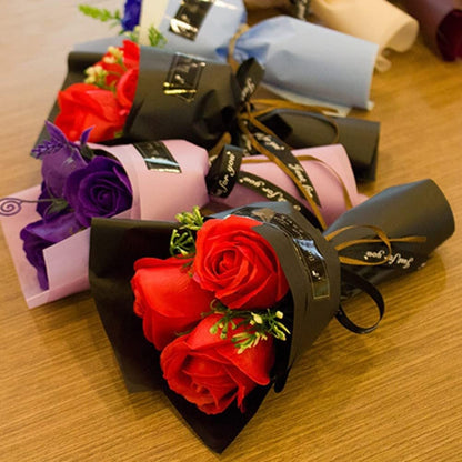 Rose Bouquet with 3 Heads- Hand Holding Soap Flower for Valentine's Day, Gift and Wedding Decoration