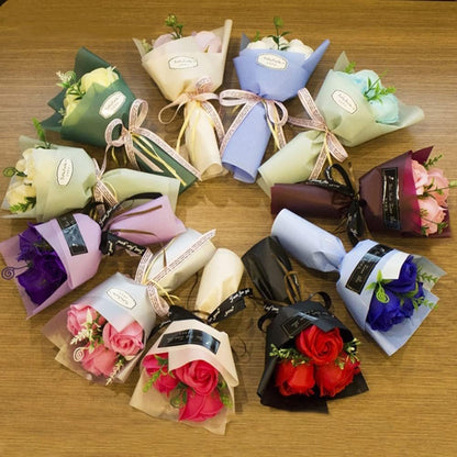 Rose Bouquet with 3 Heads- Hand Holding Soap Flower for Valentine's Day, Gift and Wedding Decoration