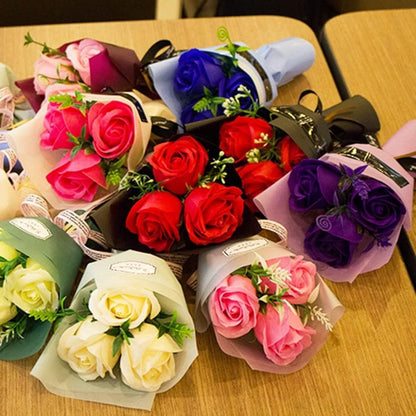Rose Bouquet with 3 Heads- Hand Holding Soap Flower for Valentine's Day, Gift and Wedding Decoration