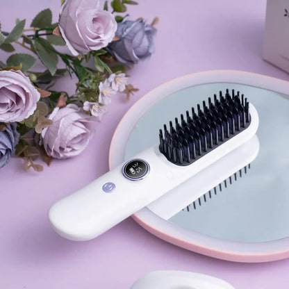 Cordless Heated Straightening Brush – Rechargeable, Nine Heat Settings, Travel Size