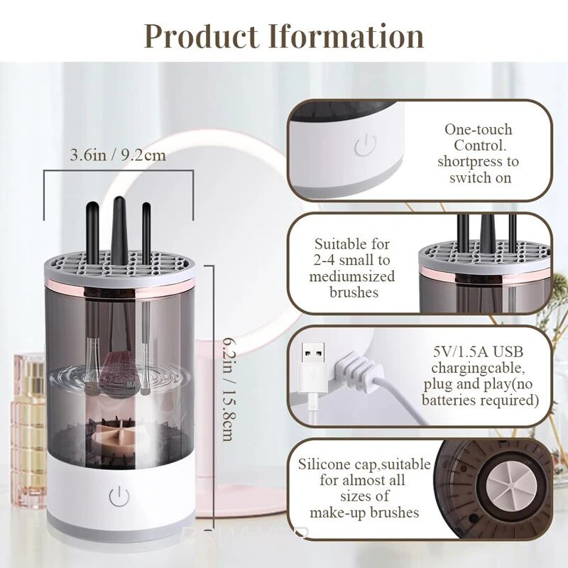 Electric Makeup Brush Cleaner Cup with Silicone Holder Lid and Cleaning Mat, USB Powered