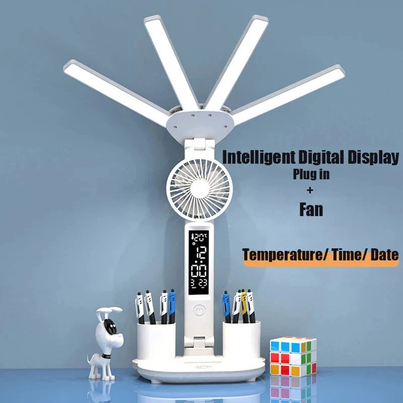 Multifunction LED Table Lamp - 3-in-1  Table Lamp with Four-Headed Folding Design with Fan, Calendar, Clock, USB Rechargeable Desk Light, and 3-Color Reading Lamp