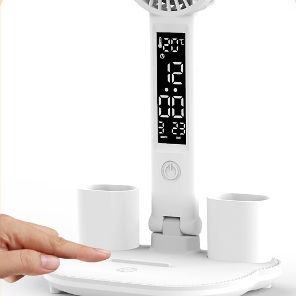 Multifunction LED Table Lamp - 3-in-1  Table Lamp with Four-Headed Folding Design with Fan, Calendar, Clock, USB Rechargeable Desk Light, and 3-Color Reading Lamp
