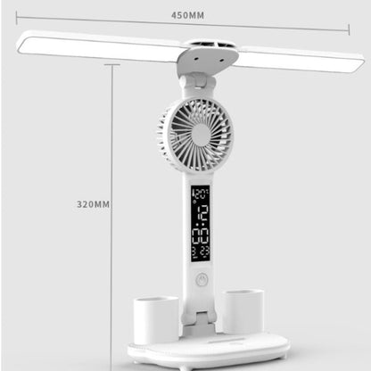 Multifunction LED Table Lamp - 3-in-1  Table Lamp with Four-Headed Folding Design with Fan, Calendar, Clock, USB Rechargeable Desk Light, and 3-Color Reading Lamp