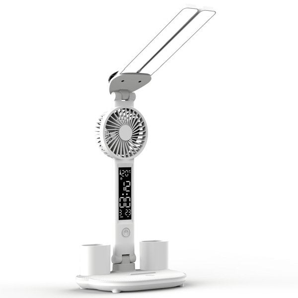 Multifunction LED Table Lamp - 3-in-1  Table Lamp with Four-Headed Folding Design with Fan, Calendar, Clock, USB Rechargeable Desk Light, and 3-Color Reading Lamp